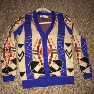 Tan & Royal Blue Aztec-Themed Cardigan